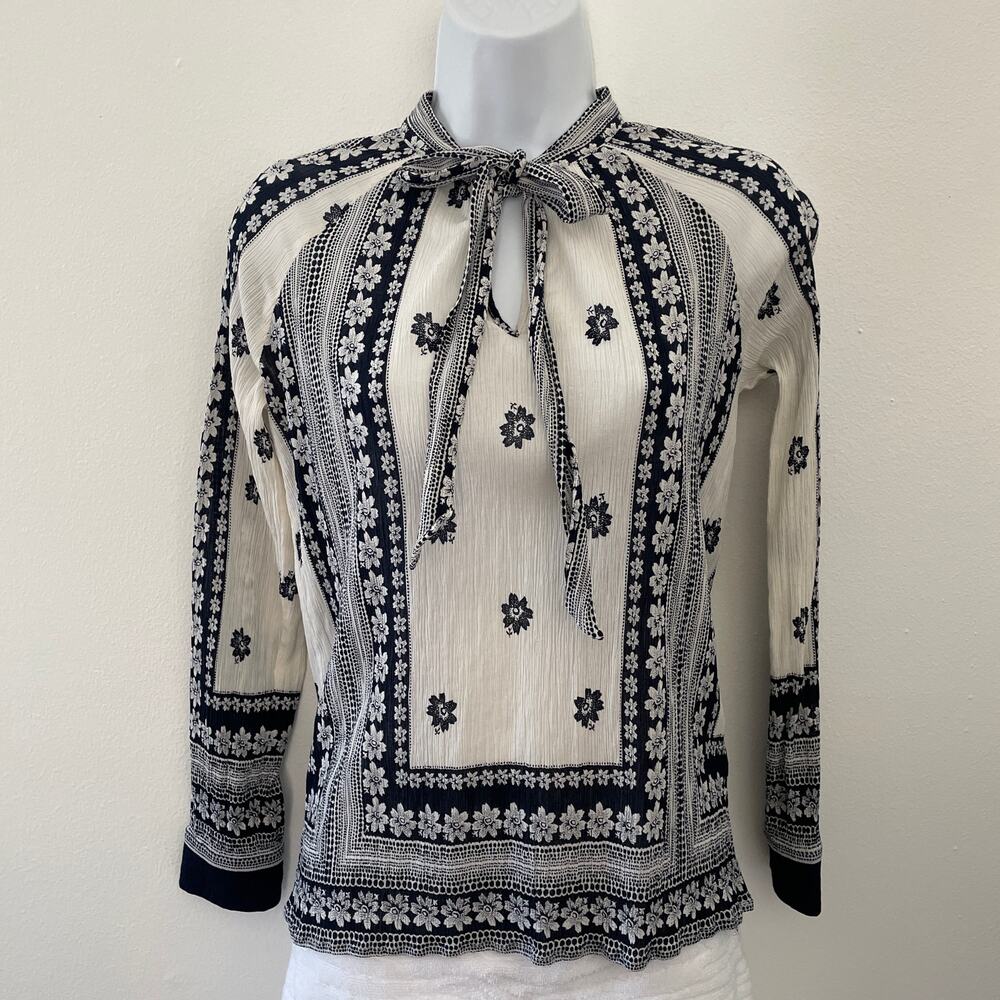 SEA New York Blouse Womens 2 Cream Blue Coastal Nautical Prairie Silk Cotton
